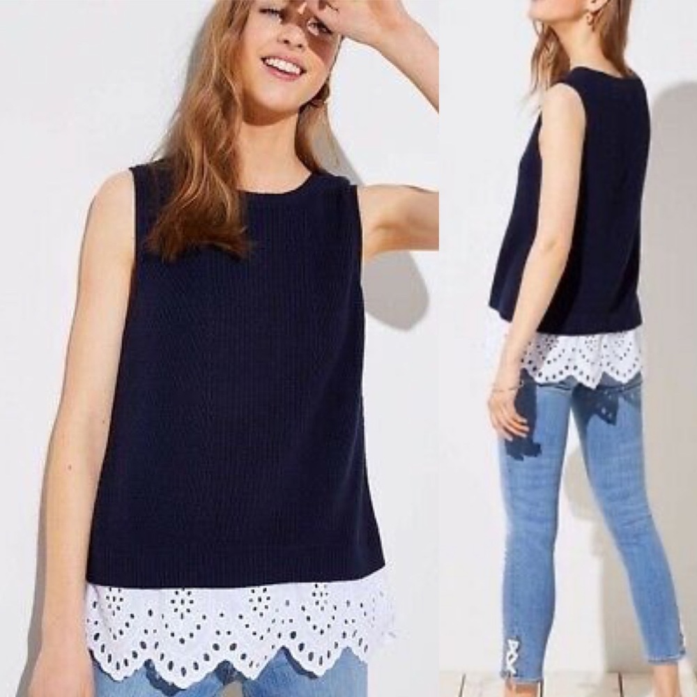 NWT Loft Eyelet Lace Mixed Media Sweater Tank in Forever Navy